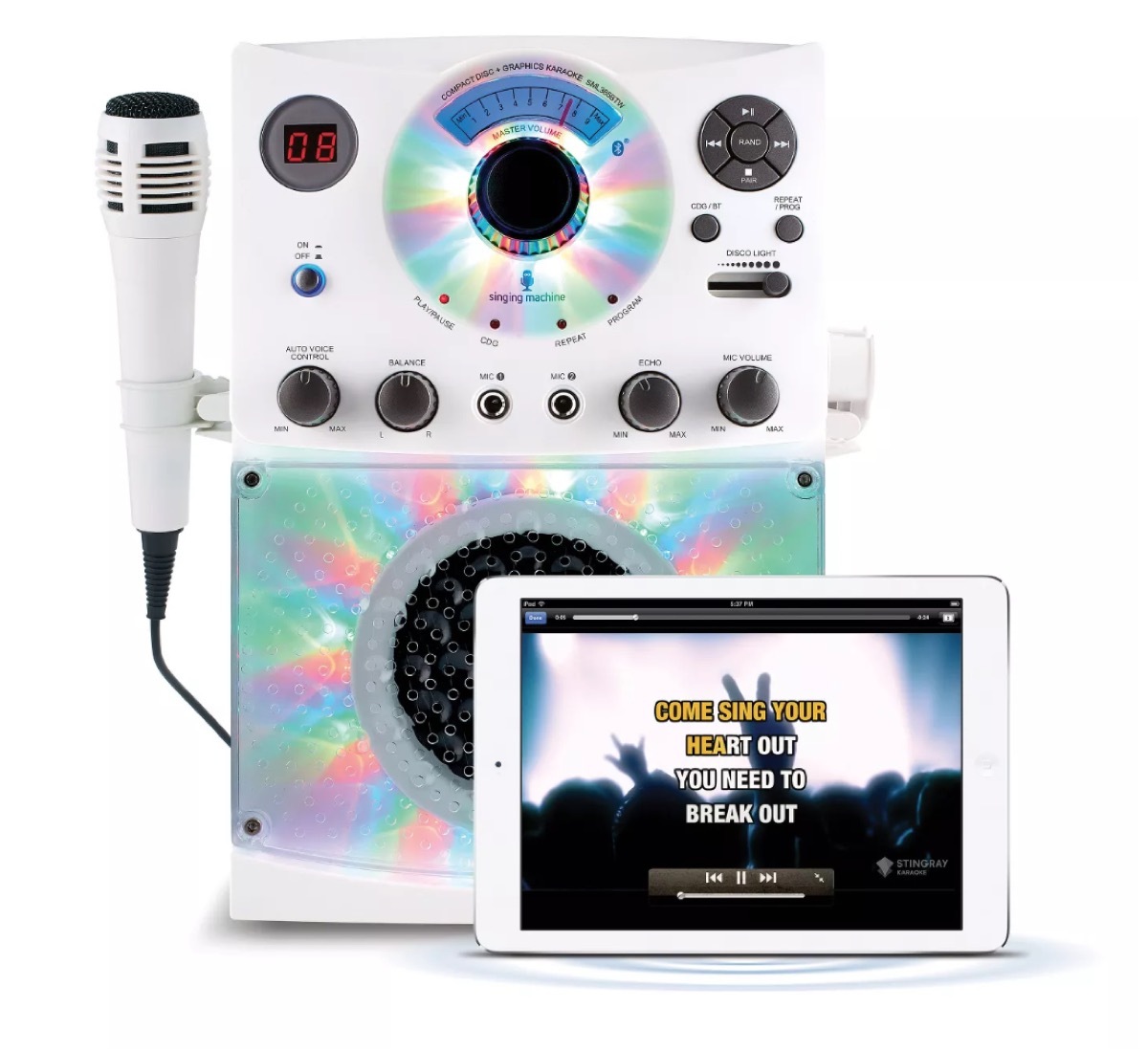 white karaoke system with microphone