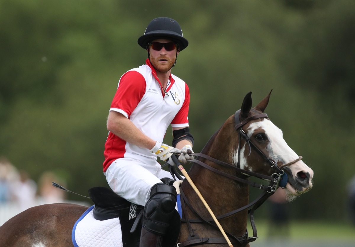 The Duke of Sussex plays polo in the Khun Vichai Srivaddhanaprabha Memorial Polo Trophy during the King Power Royal Charity Polo Day at Billingbear Polo Club, Wokingham, Berkshire.