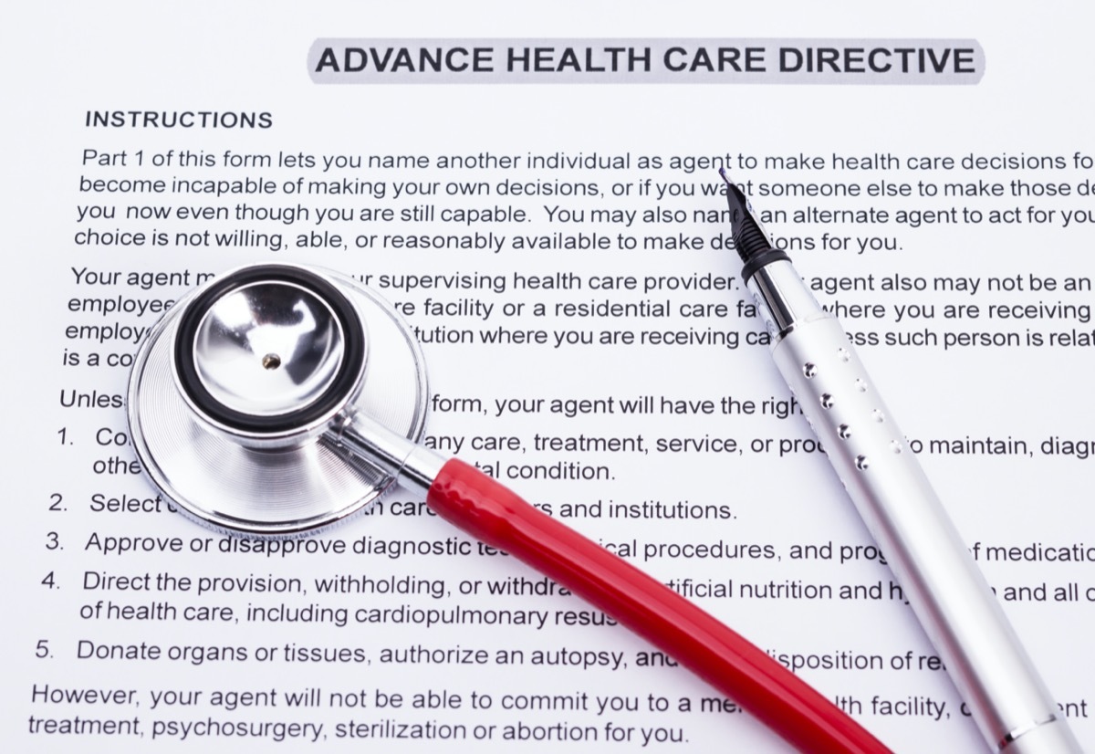 Image shows an advanced directive, a stethoscope and a pencil