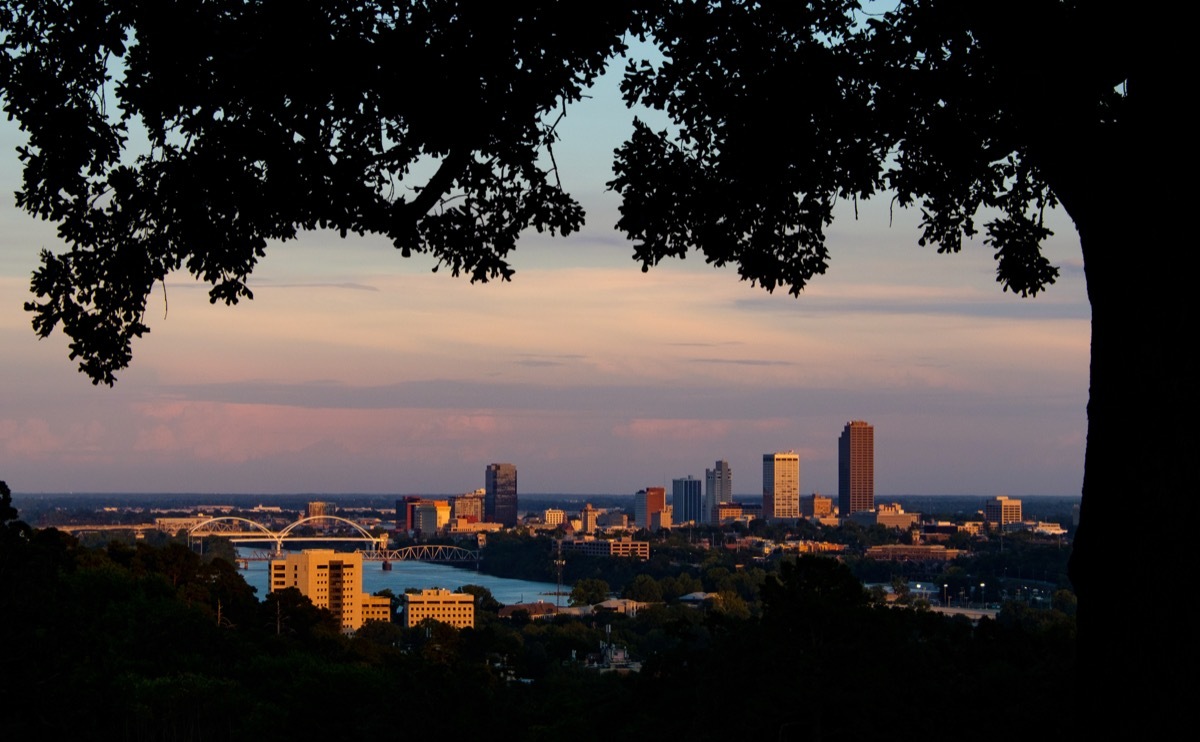 Downtown Little Rock, Arkansas, around sunset.