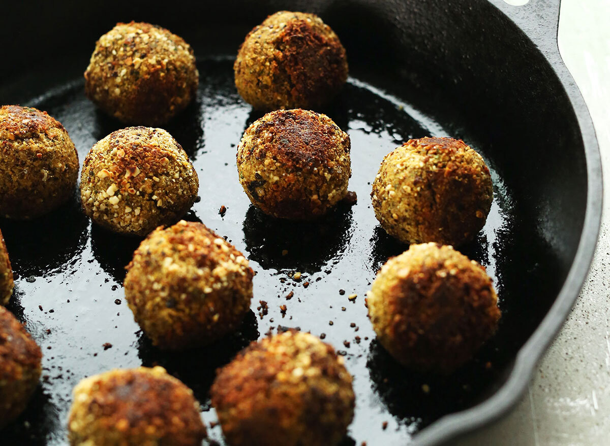 lentil meatballs in cast iron skillet