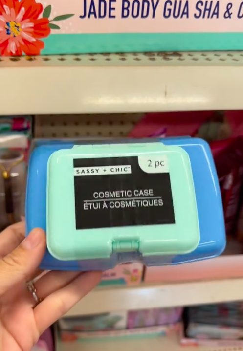 A shopper holds two cosmetic cases in the frame showing off the best Mother's Day Gifts at Dollar Tree.