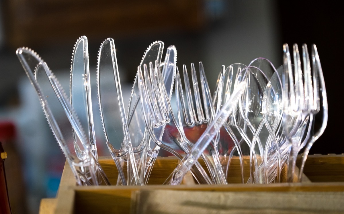 plastic forks and knives in caddy