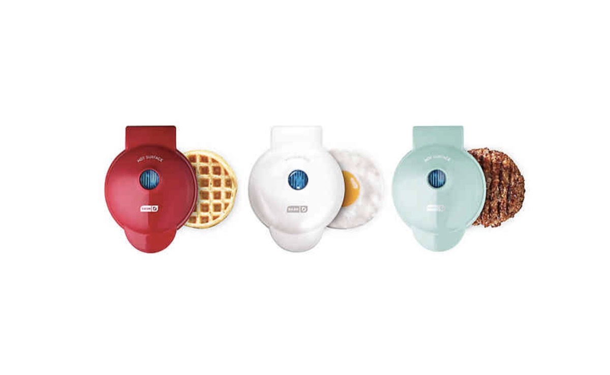 dash mini waffle maker in red, white, and green