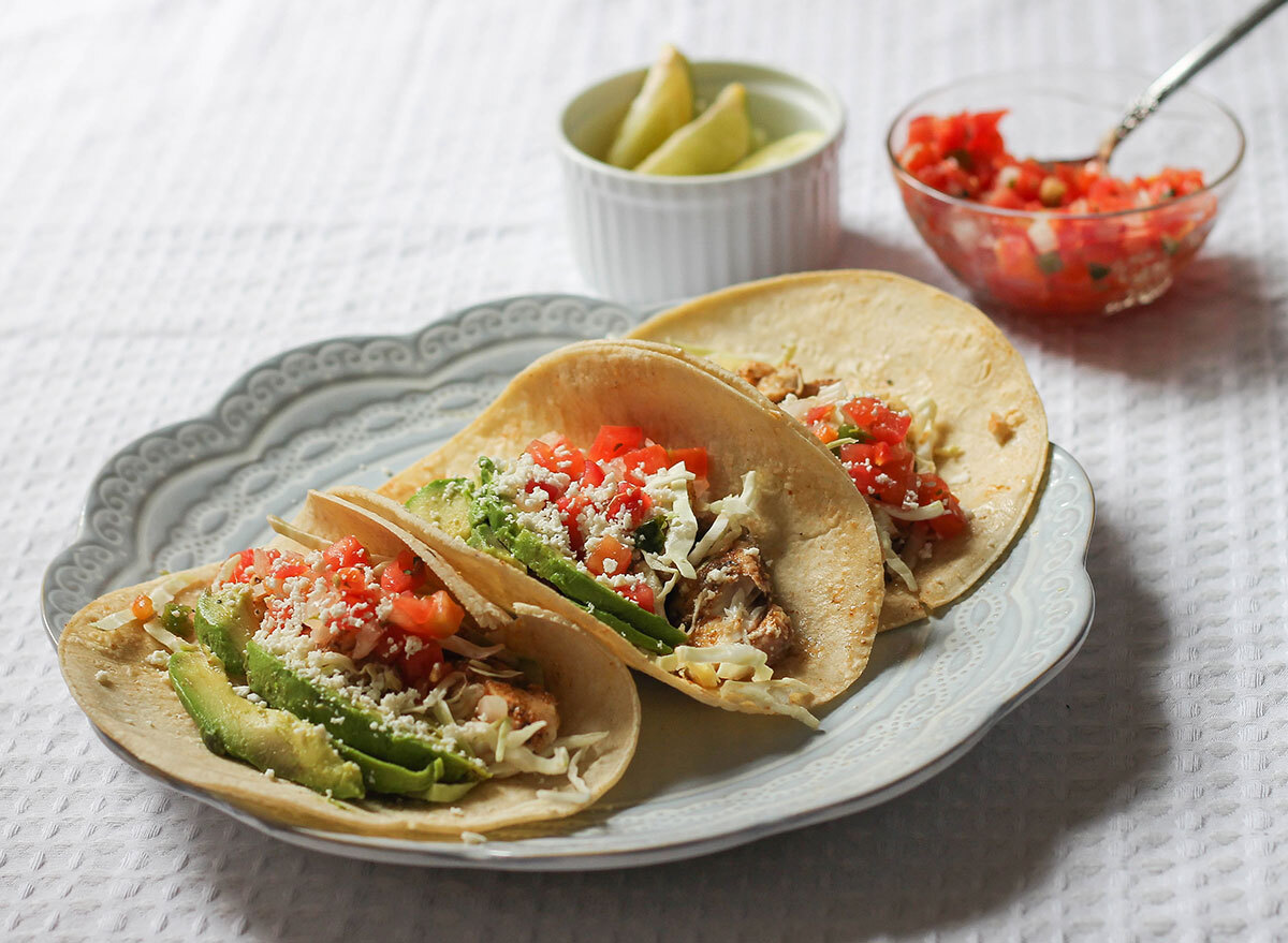 Three fish tacos on a plate