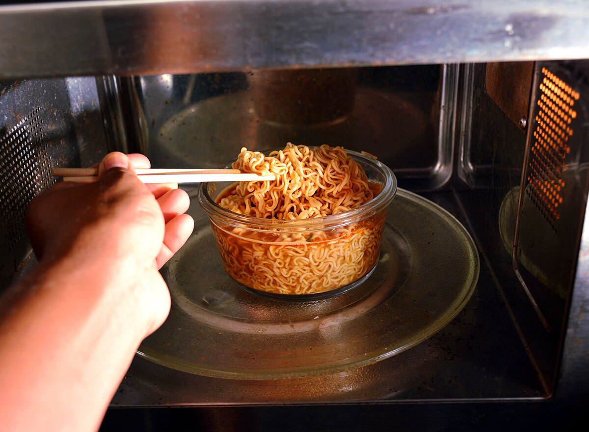 stirring noodles in microwave