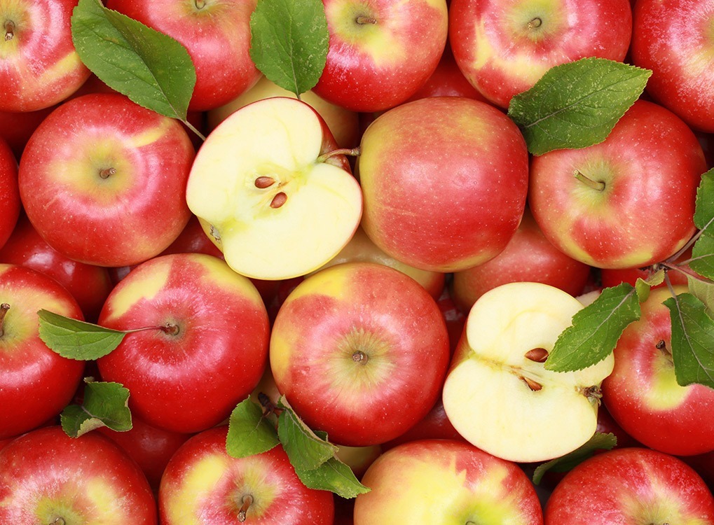 apples piled on top of each other, some cut in half