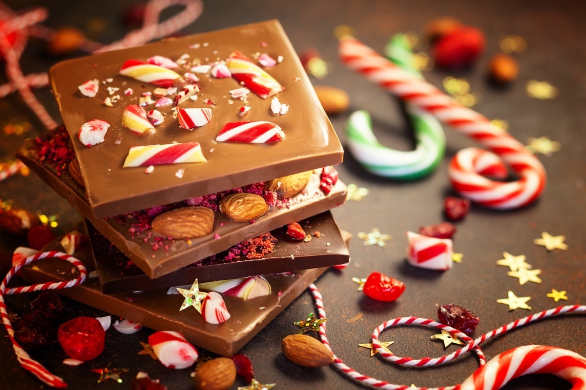 christmas chocolate bark with peppermint berries and nuts