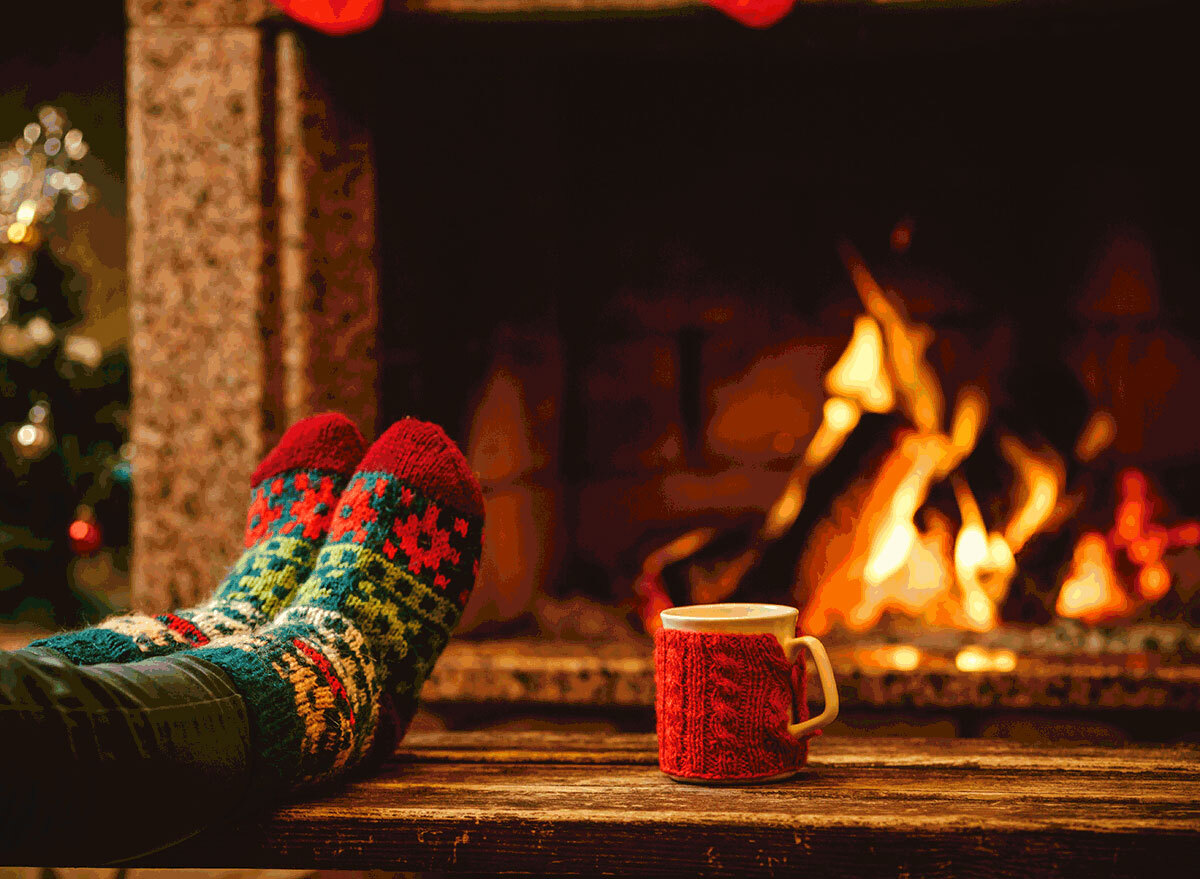 Crackling fire with holiday socks