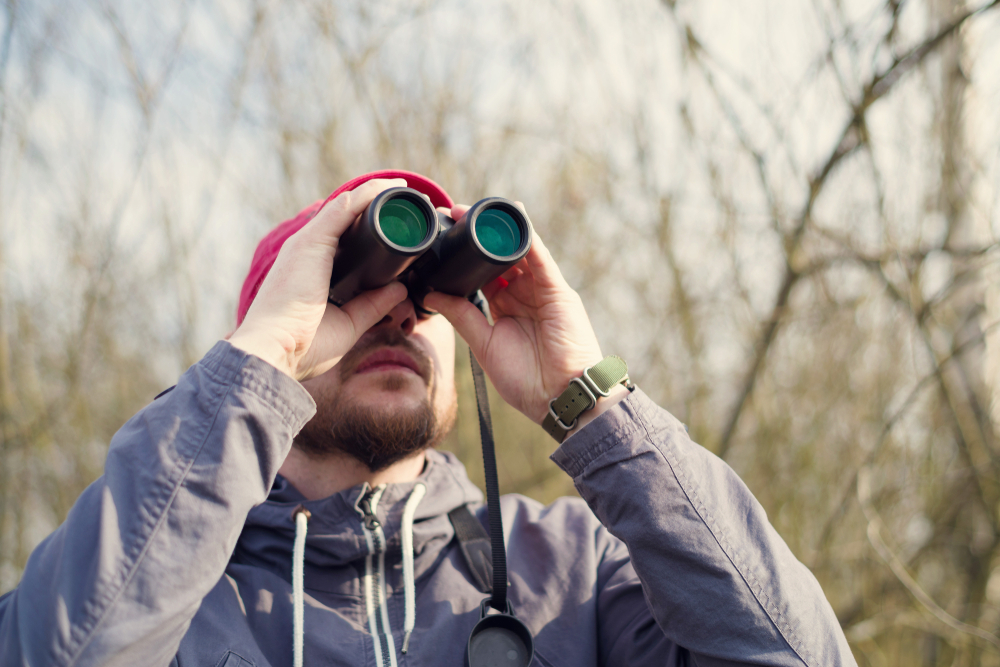 A man using binoculars while bird watching