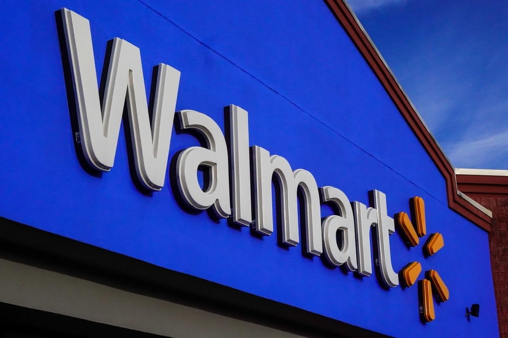 A closeup of a Walmart store sign