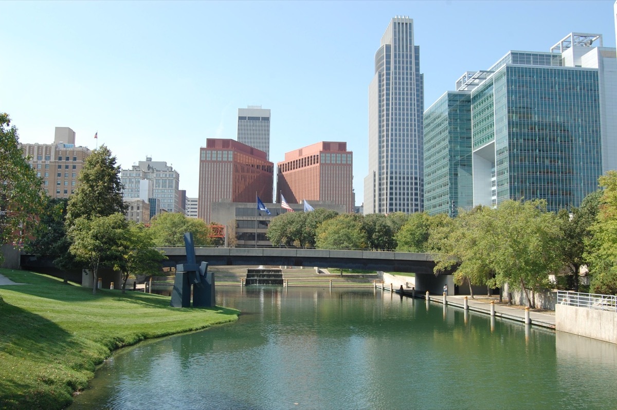 lake, bridge, and buildings in the downtown Omaha, Nebraska